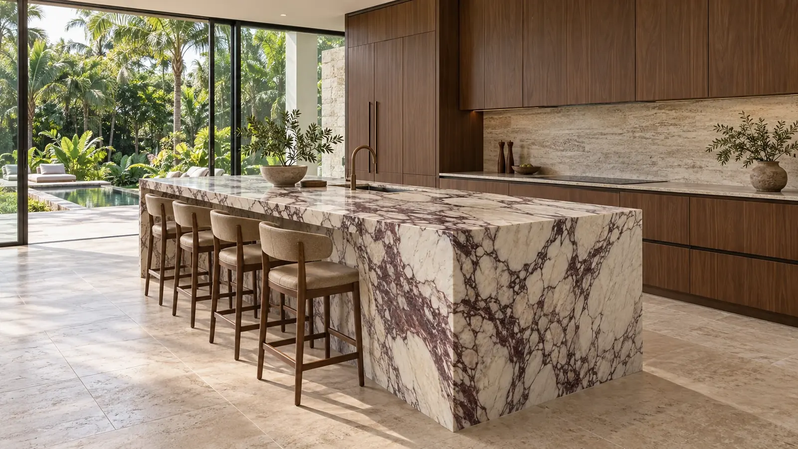Open kitchen with a waterfall island in white marble with bold burgundy veins, walnut cabinetry and a garden view