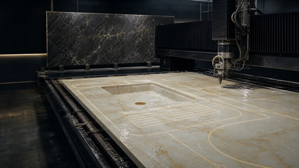 A CNC bridge saw over a white veined slab with the countertop and sink cut-out traced on its surface