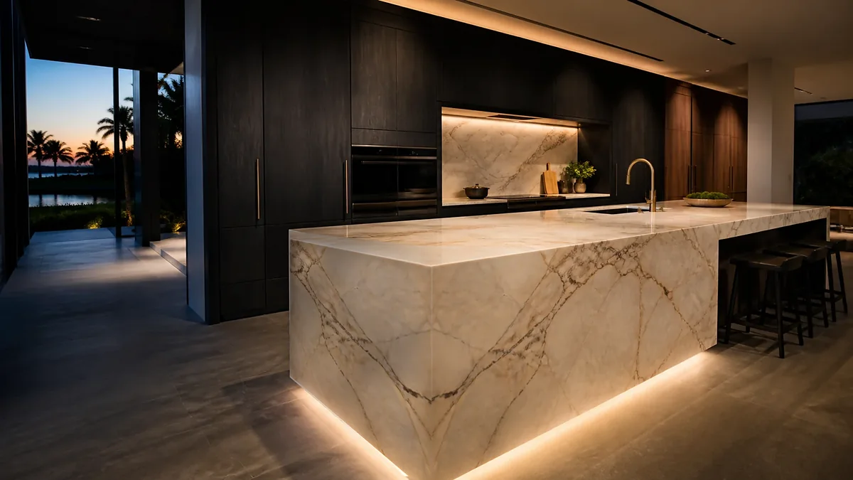 Kitchen at dusk with black cabinetry and a warm white stone waterfall island, its veins bookmatched across the corner