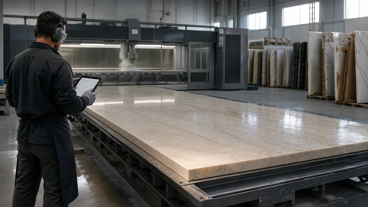 A Luxify specialist with a tablet checks the layout against a polished slab on the cutting table