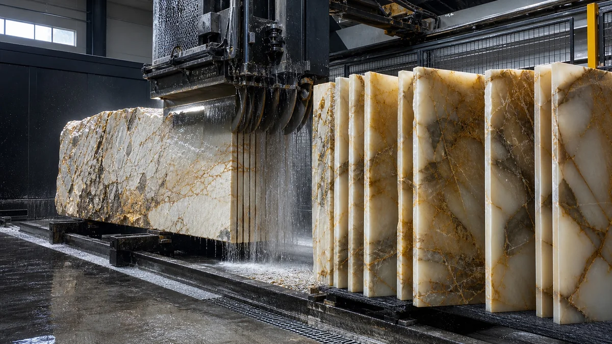 Slabs freshly sawn from one block standing in sequence, their golden veins continuing from one slab to the next