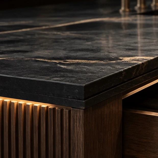 Polished dark stone countertop edge over fluted wood cabinetry, warm light below