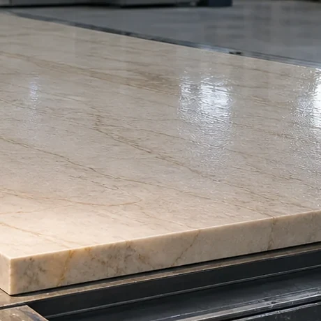 Polished cream marble slab with soft gray veins and a crisp square edge